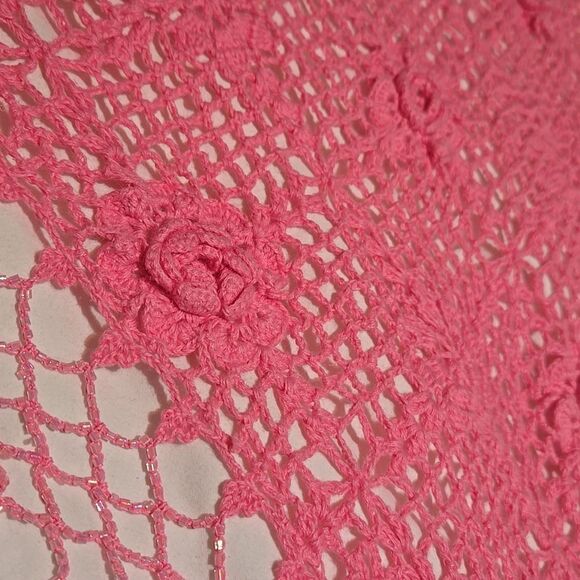 Crochet Pink Lightweight Cotton  Rose Design Shawl Wrap - Picture 5 of 14